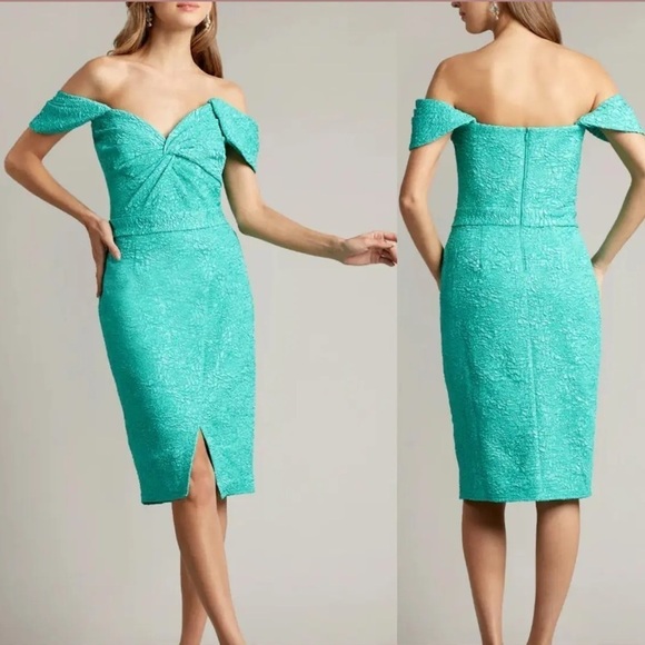 NEW! Tadashi Shoji Audrie Off Shoulder Jacquard Dress 👗 Jasmine Green sz 14 NWT - Picture 2 of 15